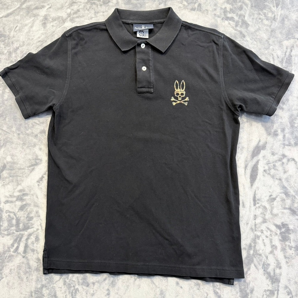 Psycho Bunny Mens Polo Shirt Camo Logo Pima Cotton Black Regular Fit Size 6 XL